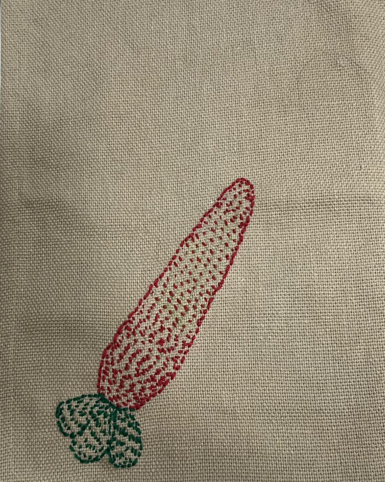 Hand-embroidered carrot motif with red body and green top on a natural textured burlap-style cotton placemat.