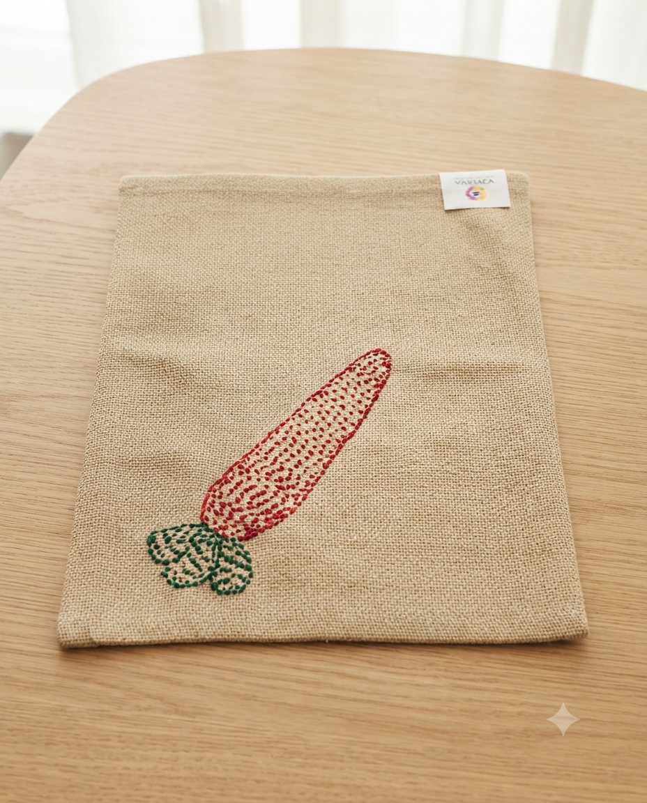 Hand-Embroidered Carrot Burlap Placemat | Rustic Cotton Jute Table Mat | Rectangular Artisanal Table Decor