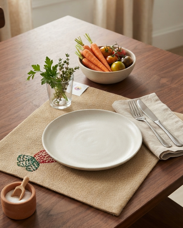 Hand-Embroidered Carrot Burlap Placemat | Rustic Cotton Jute Table Mat | Rectangular Artisanal Table Decor