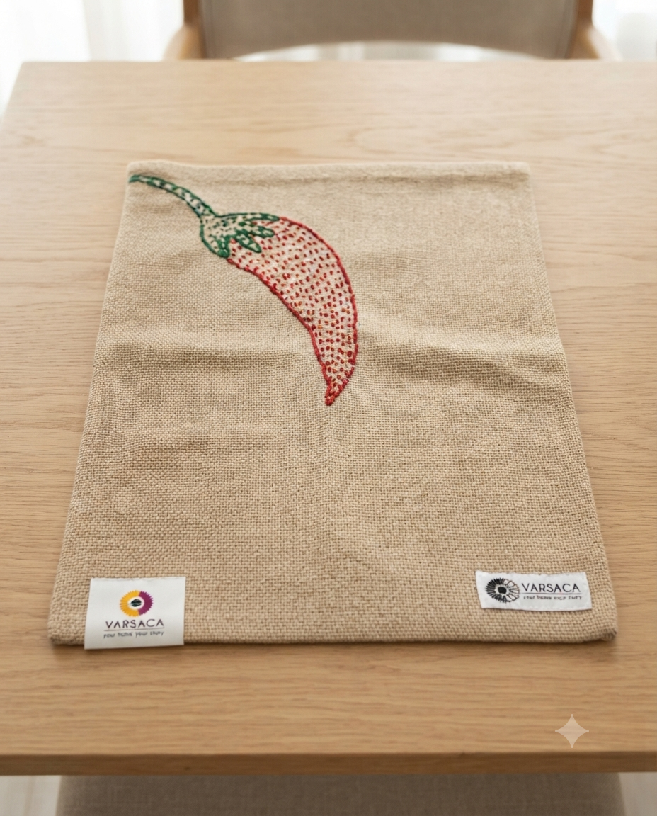 Hand-Embroidered Chili Burlap Placemat | Rustic Cotton Jute Table Mat | Rectangular Artisanal Table Decor