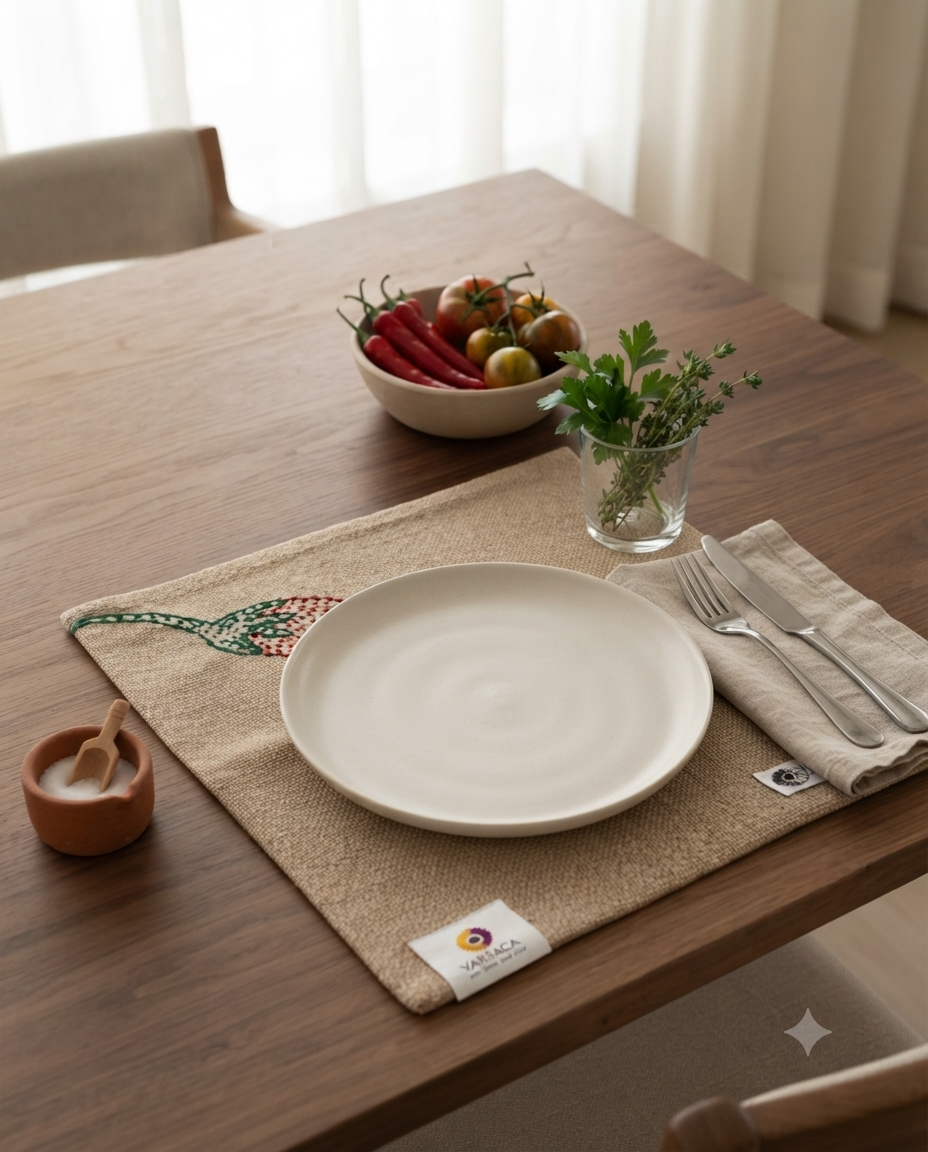 Hand-Embroidered Chili Burlap Placemat | Rustic Cotton Jute Table Mat | Rectangular Artisanal Table Decor