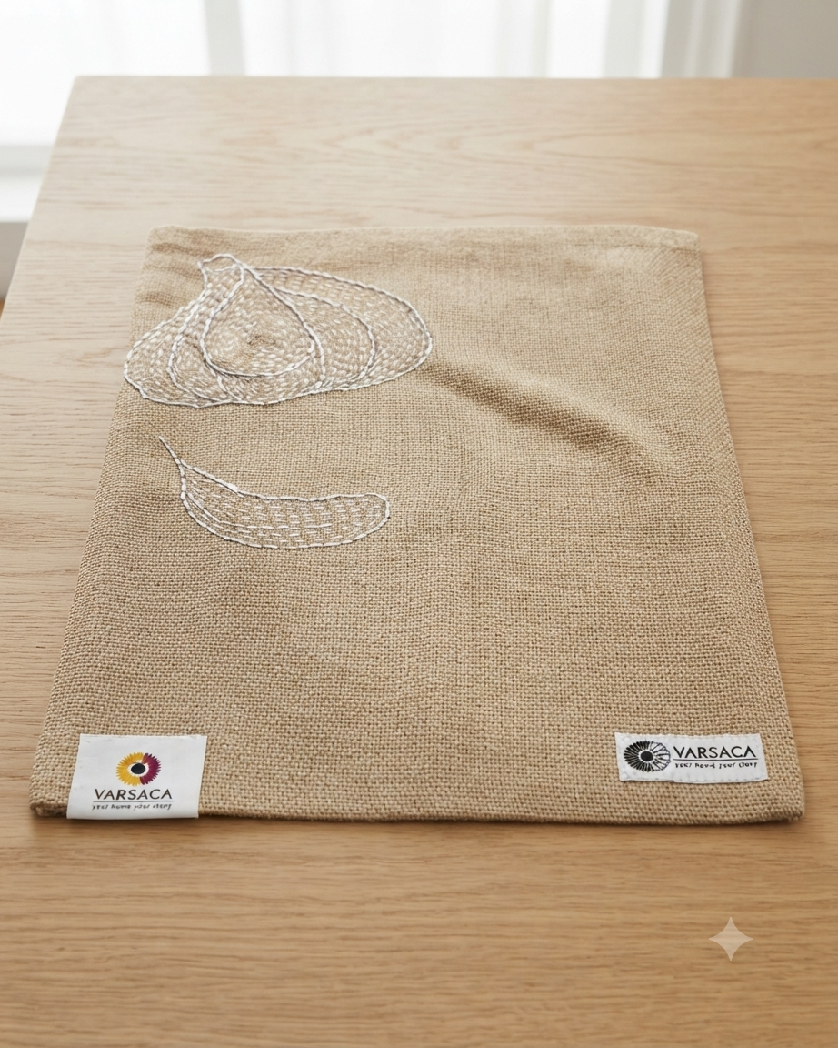 Hand-embroidered garlic bulb and clove motif on a natural textured burlap-style cotton placemat.