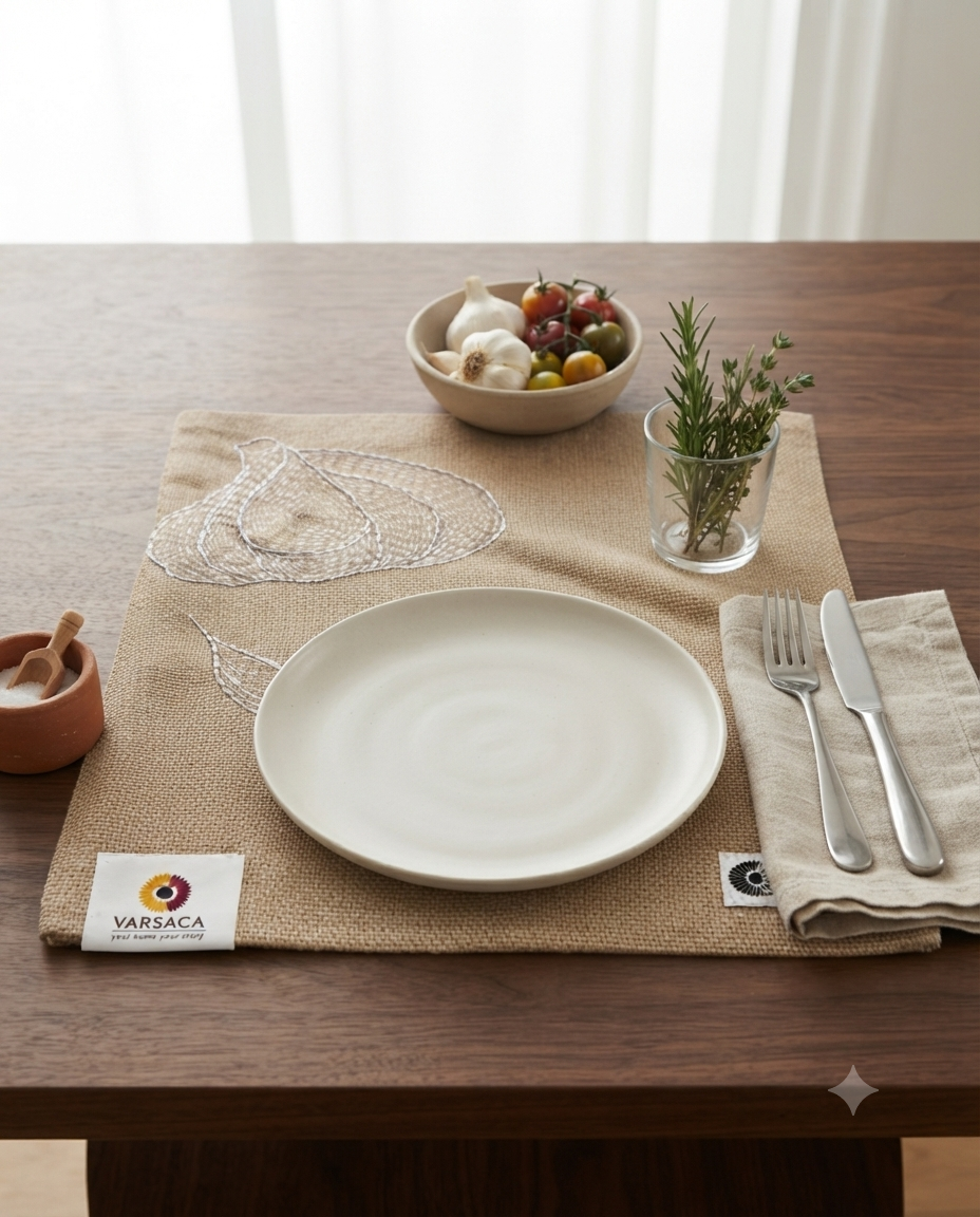 Hand-Embroidered Garlic Burlap Placemat | Rustic Cotton Jute Table Mat | Rectangular Artisanal Table Decor