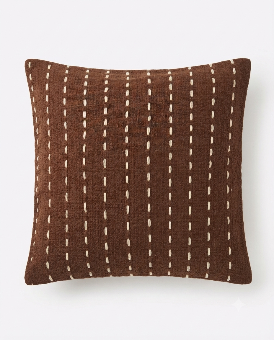 Embroidered Kantha Stitch Cotton Cushion Cover | Brown Throw Pillow Case