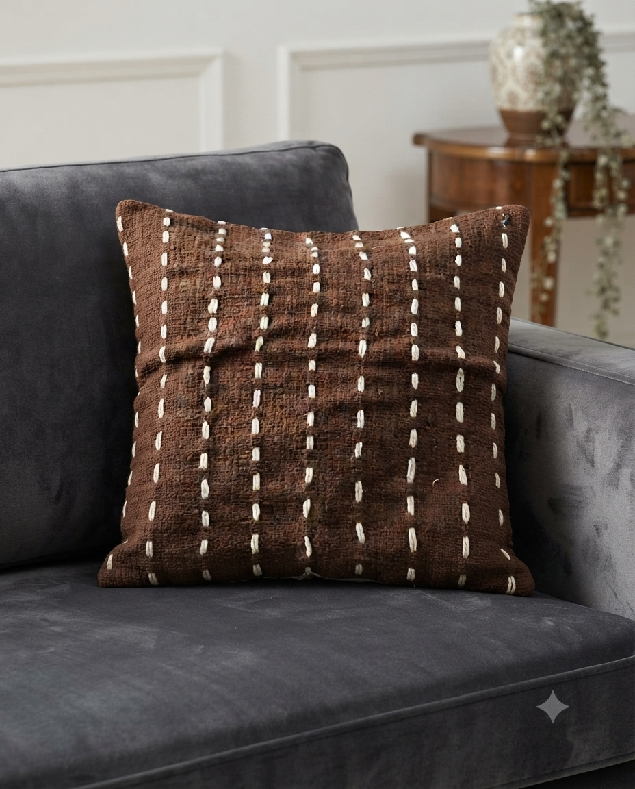 Embroidered Kantha Stitch Cotton Cushion Cover | Brown Throw Pillow Case