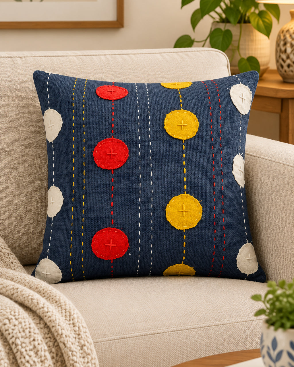 Square slate-blue cotton cushion cover featuring colorful applique circles in red, yellow, and white, accented with traditional hand-embroidered kantha stitching.