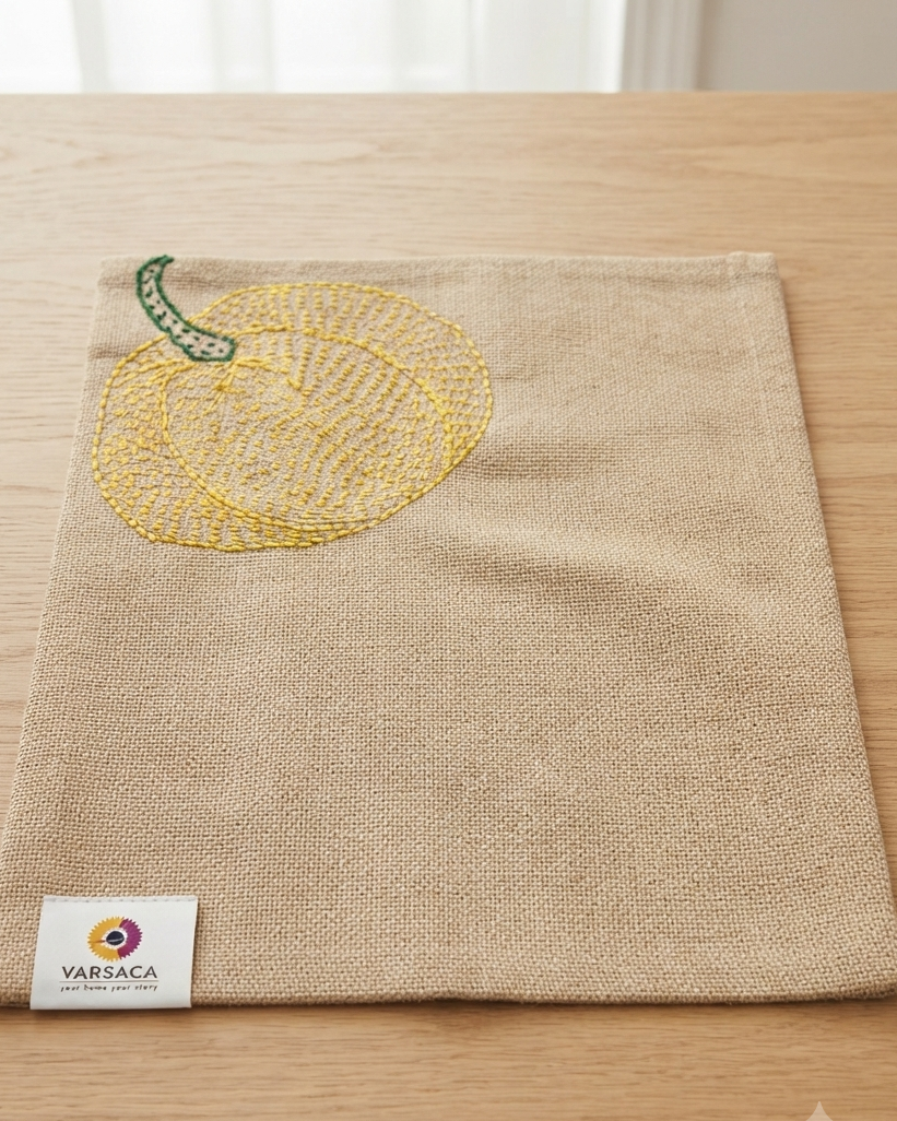 Hand-Embroidered Lemon Burlap Placemat | Rustic Cotton Jute Table Mat | Rectangular Artisanal Table Decor (Copy)