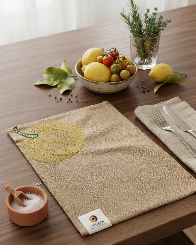 Hand-Embroidered Lemon Burlap Placemat | Rustic Cotton Jute Table Mat | Rectangular Artisanal Table Decor (Copy)