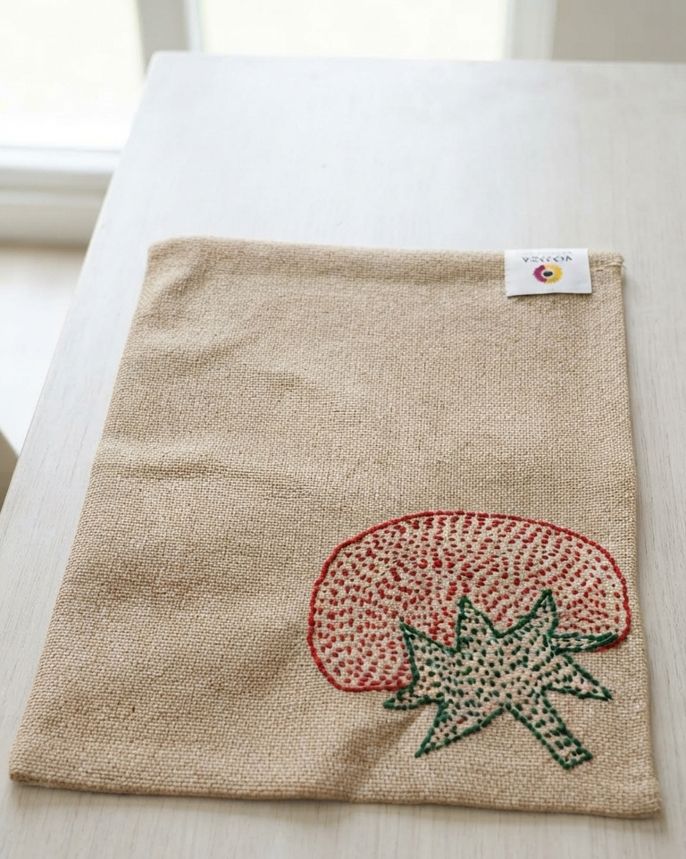 Hand-embroidered tomato motif on a natural textured burlap-style cotton placemat.