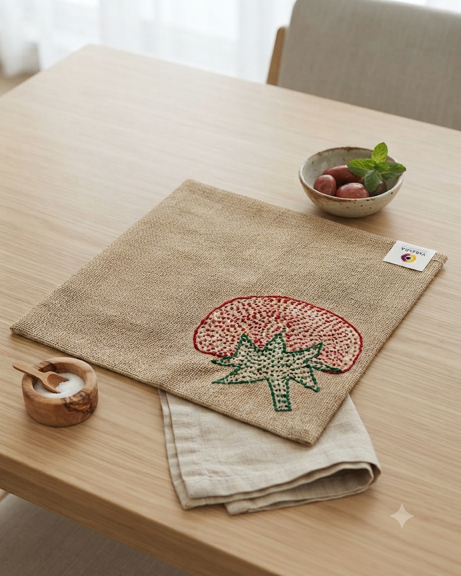 Hand-embroidered tomato motif on a natural textured burlap-style cotton placemat.
