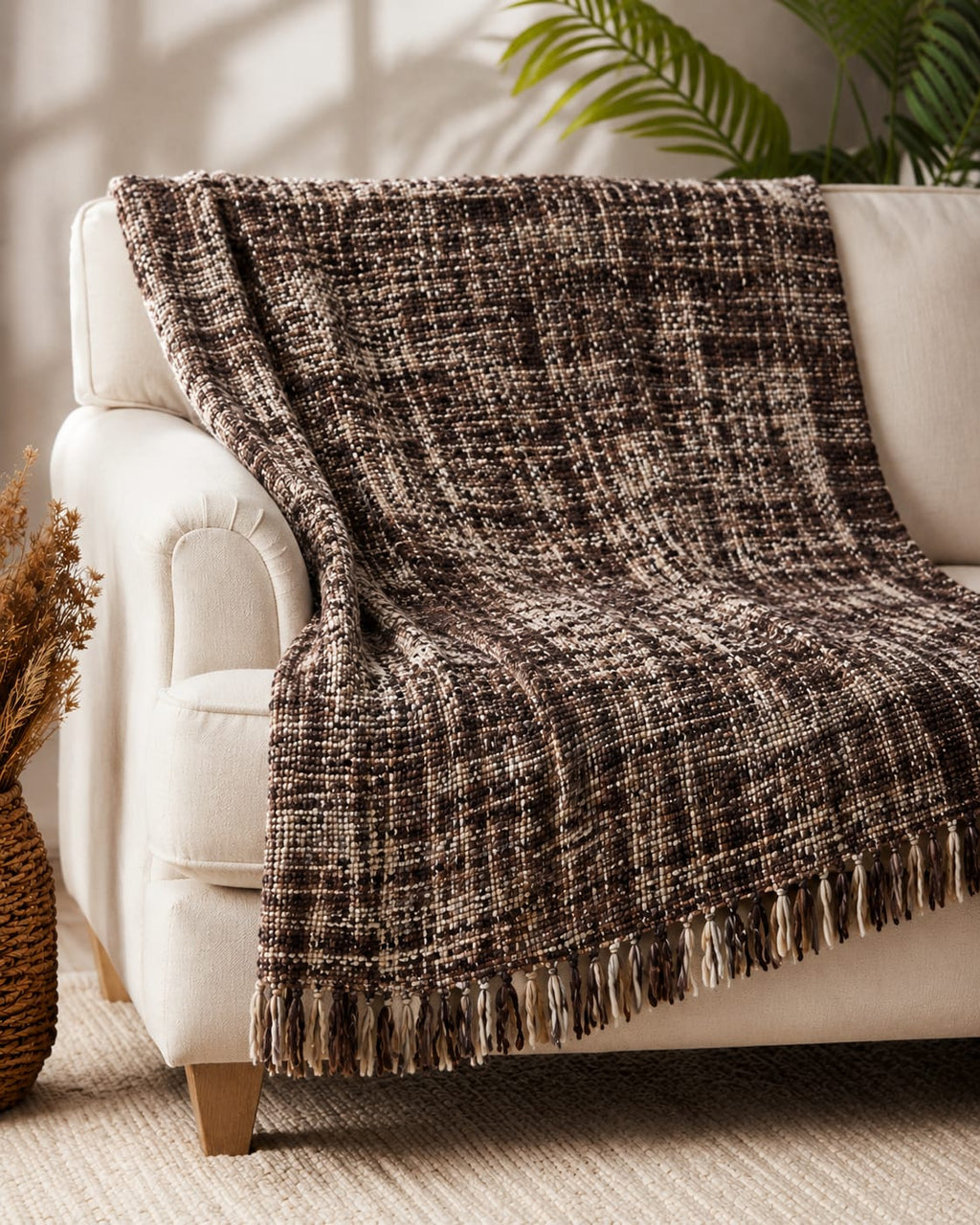 Espresso brown and cream handwoven chunky woolen sofa throw blanket featuring a textured tweed basketweave and twisted fringe draped over a beige sofa.