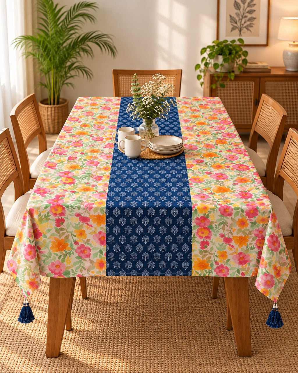 Floral & Block-Print Panel Cotton Table Cover | Artisanal Dining Tablecloth