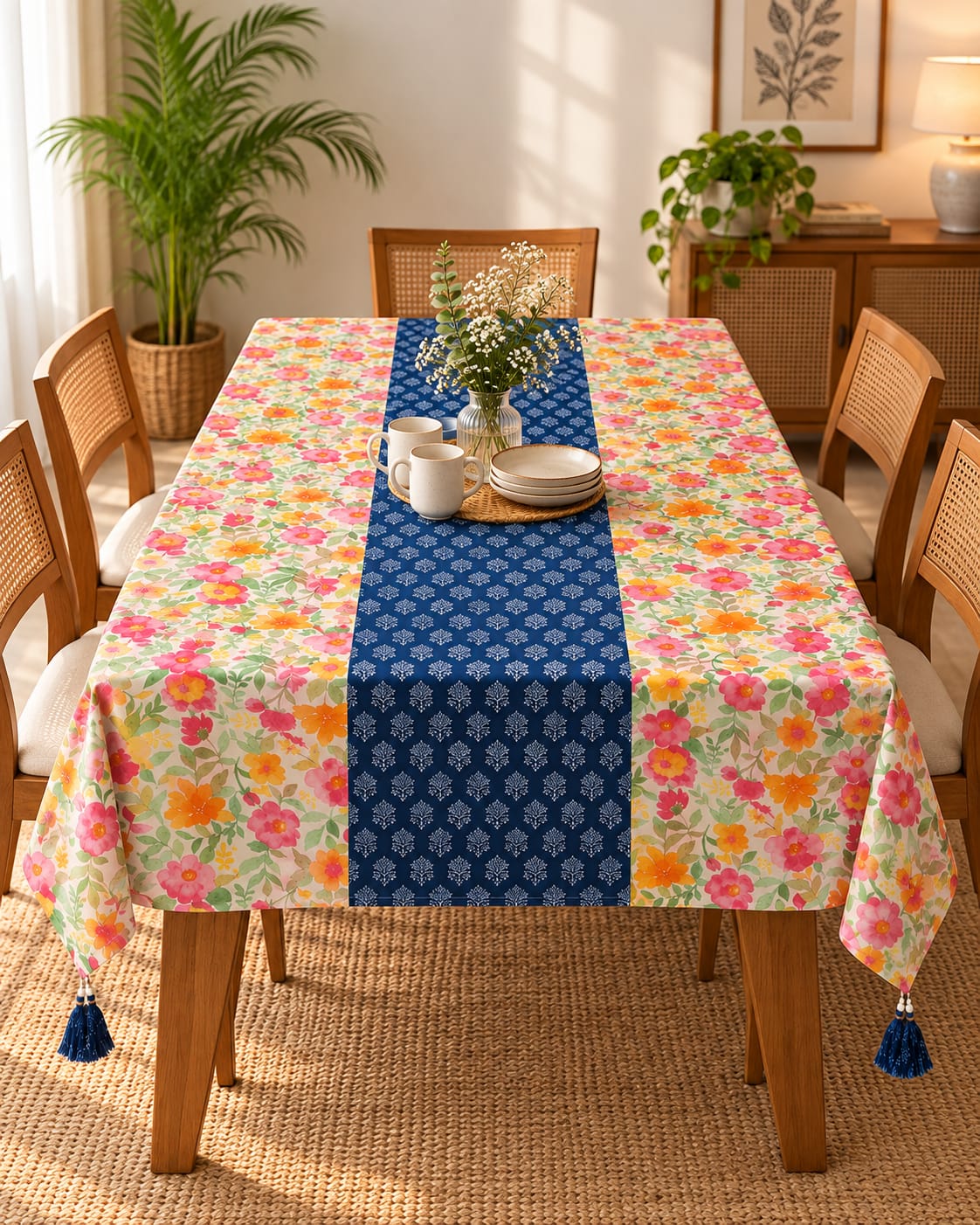 Floral & Block-Print Panel Cotton Table Cover | Artisanal Dining Tablecloth