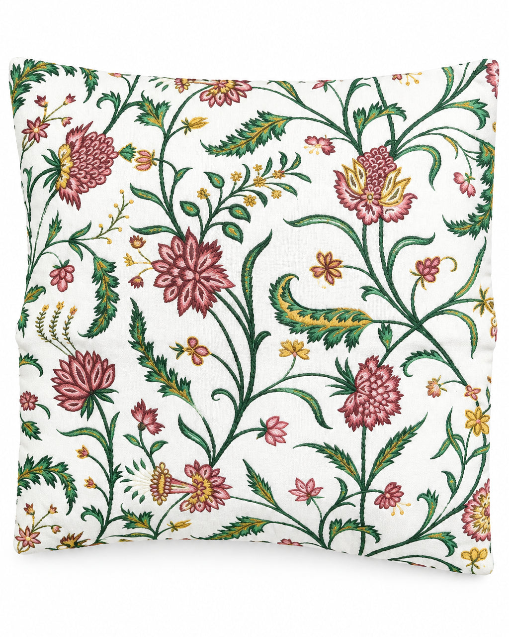 Square cream cotton cushion cover featuring a woven jacquard botanical vine pattern with rose-pink flowers and green leaves.