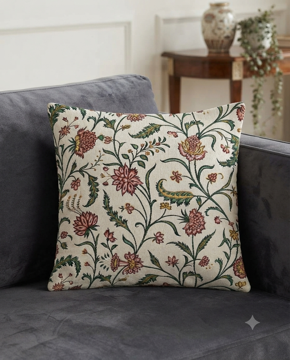 Vintage Floral Jacquard Cotton Cushion Cover | Botanical Throw Pillow Case