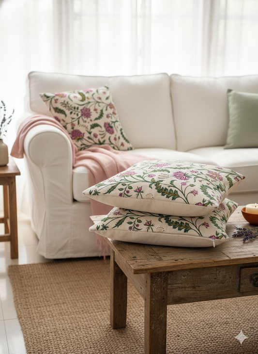 White sofa with floral-patterned cushions on a wooden coffee table in a bright living room.