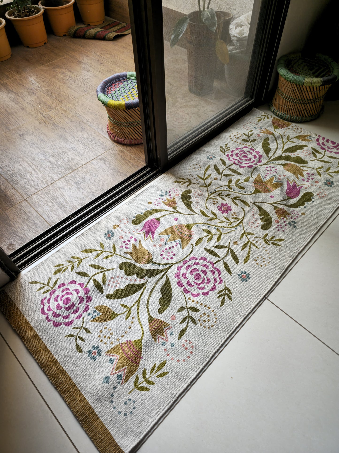floral hand printed cotton rug