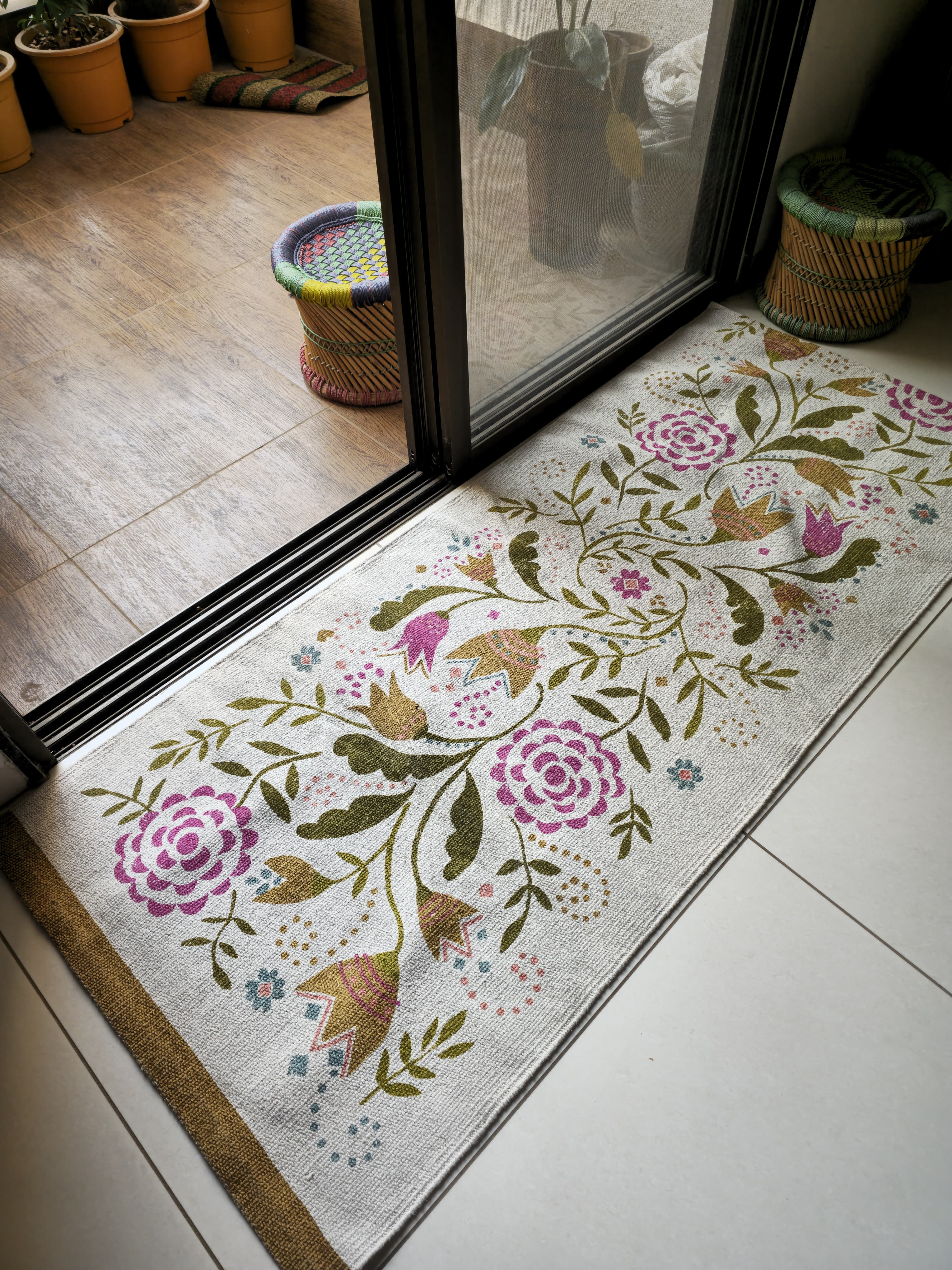 floral hand printed cotton rug