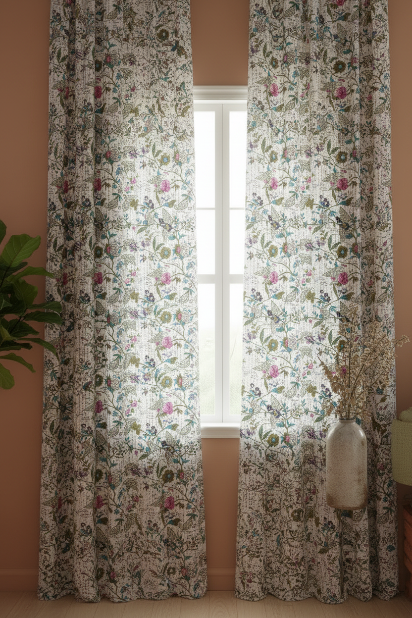 Floral patterned curtains with a window in the background