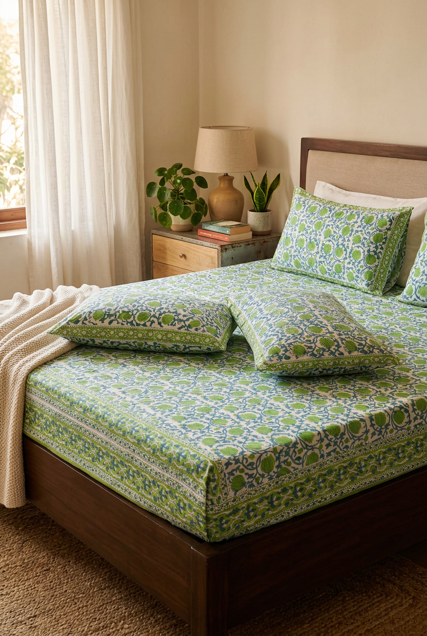 Handblock Printed 100% Cotton King Size Bedsheet | Fresh Green & Blue Floral Print Set