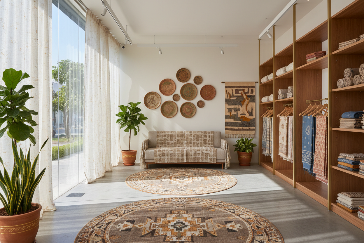 Generate a high-resolution hero image of a minimalist, luxury home decor store with natural lighting, plants, handpainted teracotta wall plates, featuring varsaca handloom sofa covers, artisan rugs, varsaca curtains, textile wall art, wooden shelves with rolled handblock pritned razai, dohar , bedsheets are hanged in hanger for display and more for hero image. Style: Modern Indian Luxury, clean lines, #D48F47 gold accents.