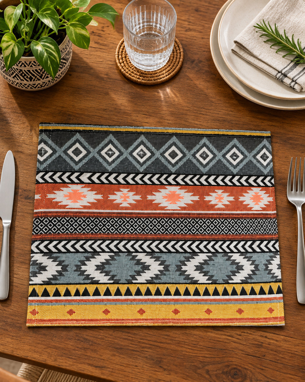 Geometric bohemian jacquard cotton placemat featuring a woven Aztec stripe and diamond pattern in rust orange, mustard, and slate gray.