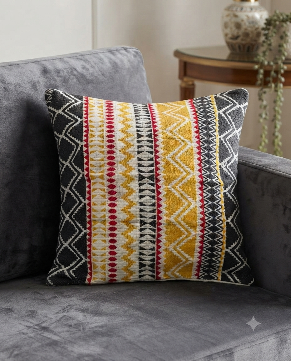 Geometric Jacquard Cotton Cushion Cover | Multicolored Tribal Throw Pillow Case