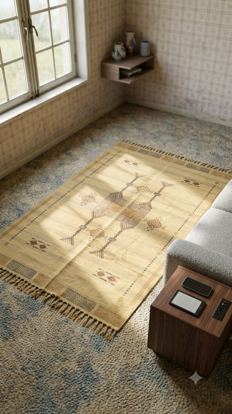 Golden Berber Handcrafted Pure Cotton Rug measuring 6x4 ft featuring tribal geometric motifs in charcoal and brown on warm beige flatweave cotton