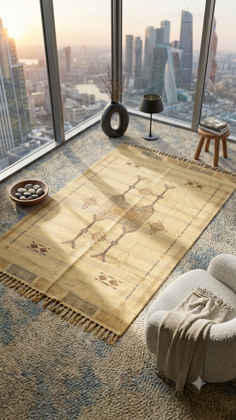 Golden Berber Handcrafted Pure Cotton Rug measuring 6x4 ft featuring tribal geometric motifs in charcoal and brown on warm beige flatweave cotton