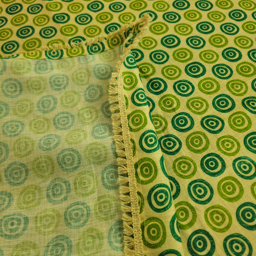 Green Linen Table Cover – Doodled Rings Print with Vintage Cotton Tasseled Lace