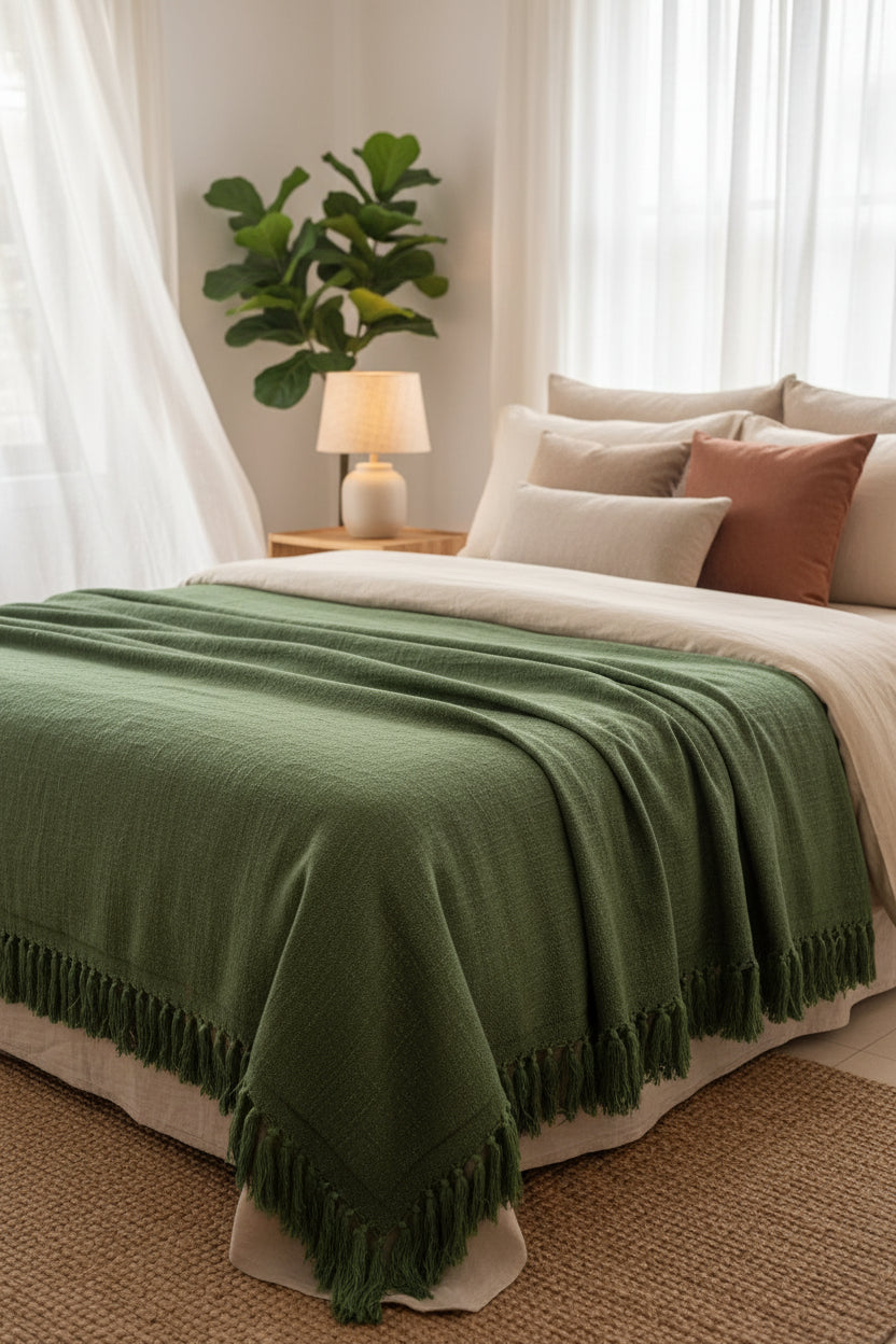 Close-up of green fabric with frayed edge