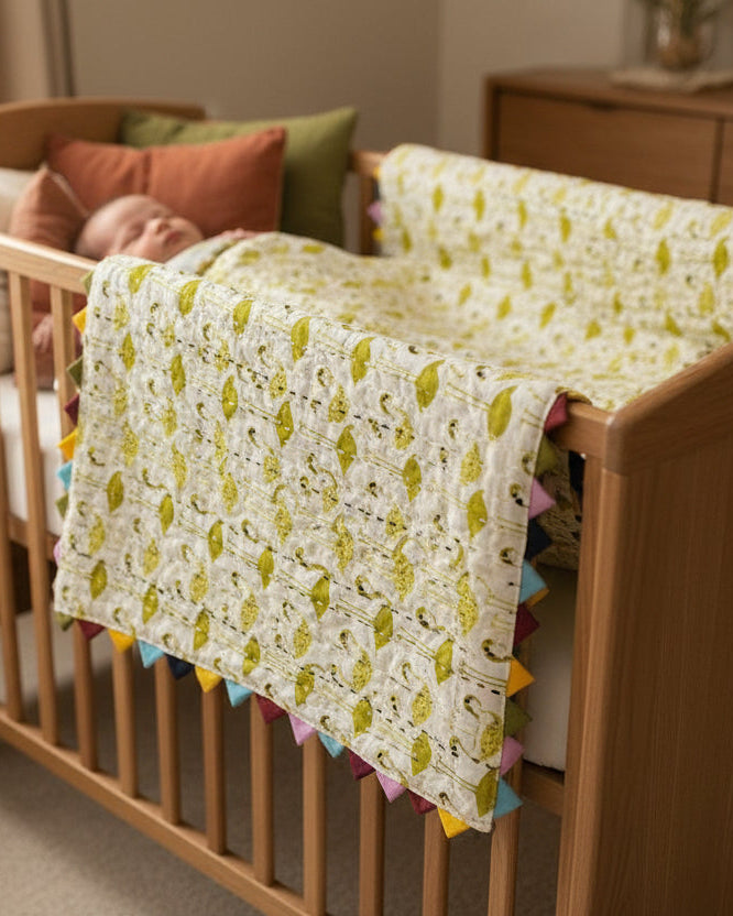 Fabric with a pattern of yellow leaves on a white background, placed on a textured dark fabric surface.