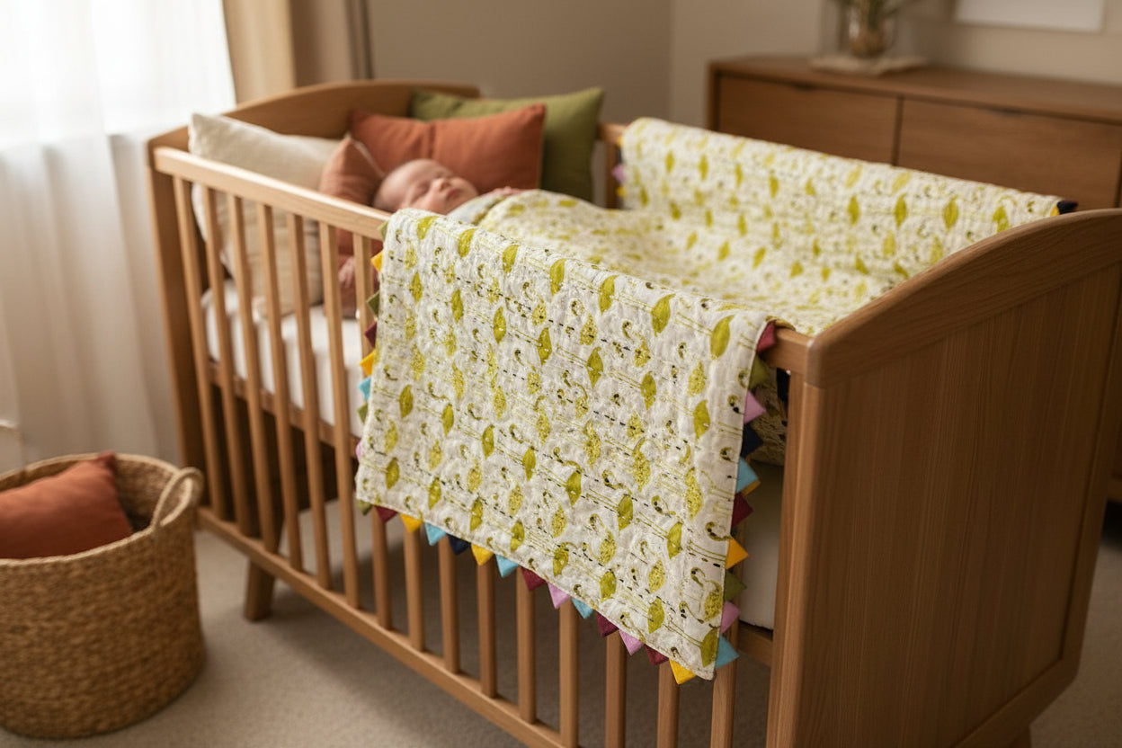 Fabric with a pattern of yellow leaves on a white background, placed on a textured dark fabric surface.