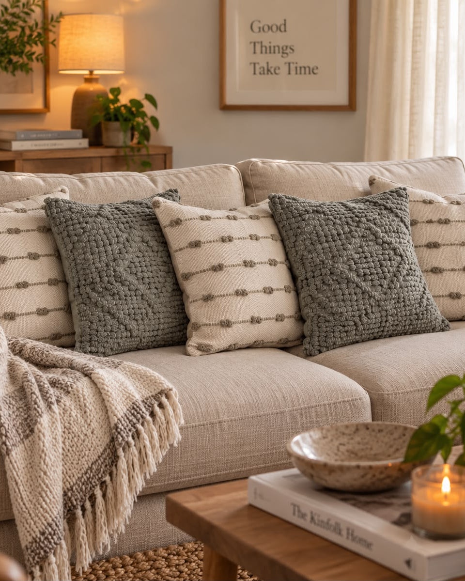 Set of 5 neutral boho-style cotton cushion covers, featuring three cream pillows with rows of grey tufted dots and two solid charcoal grey textured pillows, arranged neatly on a beige sofa in a cozy living room setting.