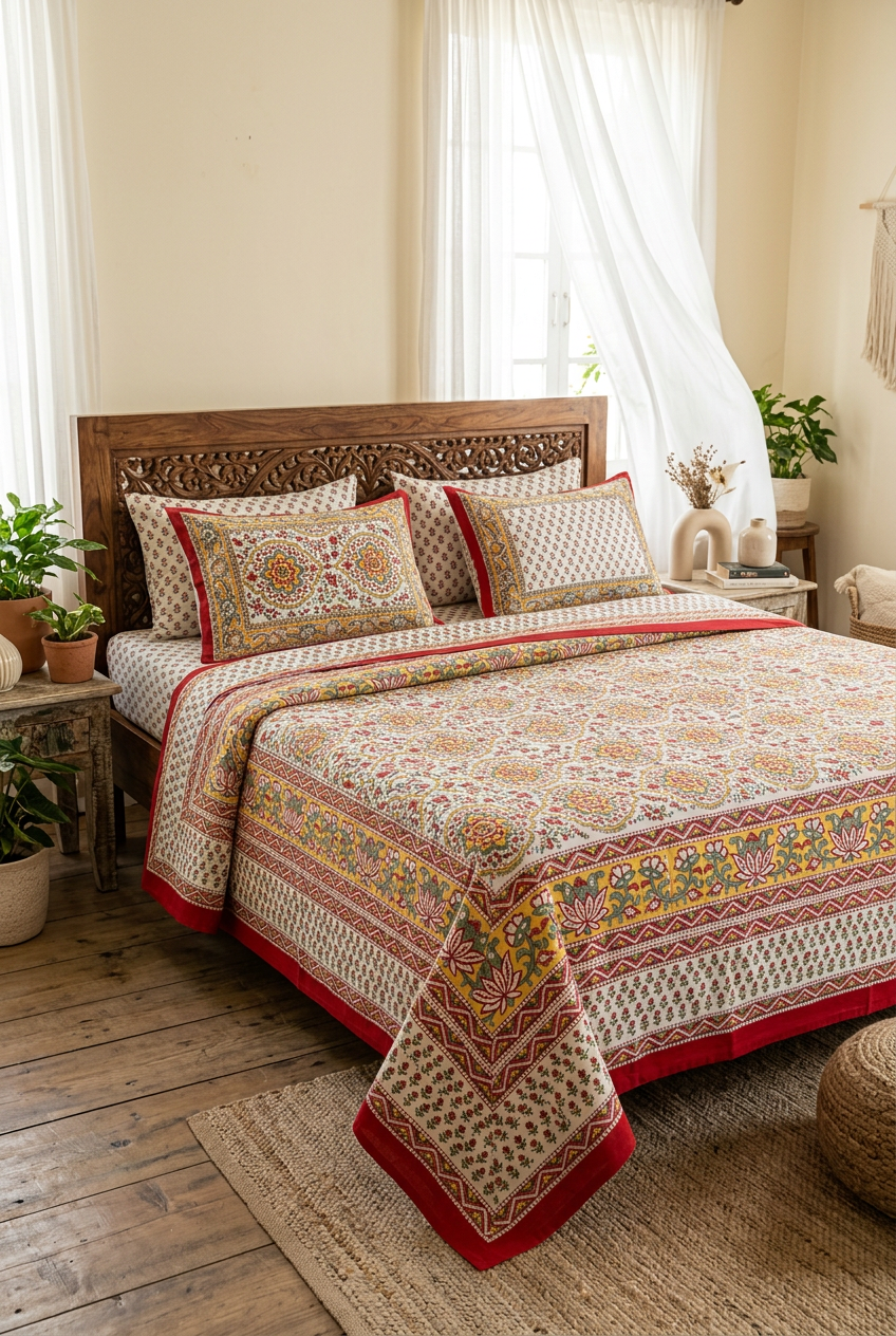 Handblock Printed 100% Cotton King Size Bedsheet with Pillow Covers | Traditional Floral Print