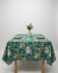 Handcrafted printed pure cotton dining table cover featuring an intricate artisanal block-print design in a stylish setup.