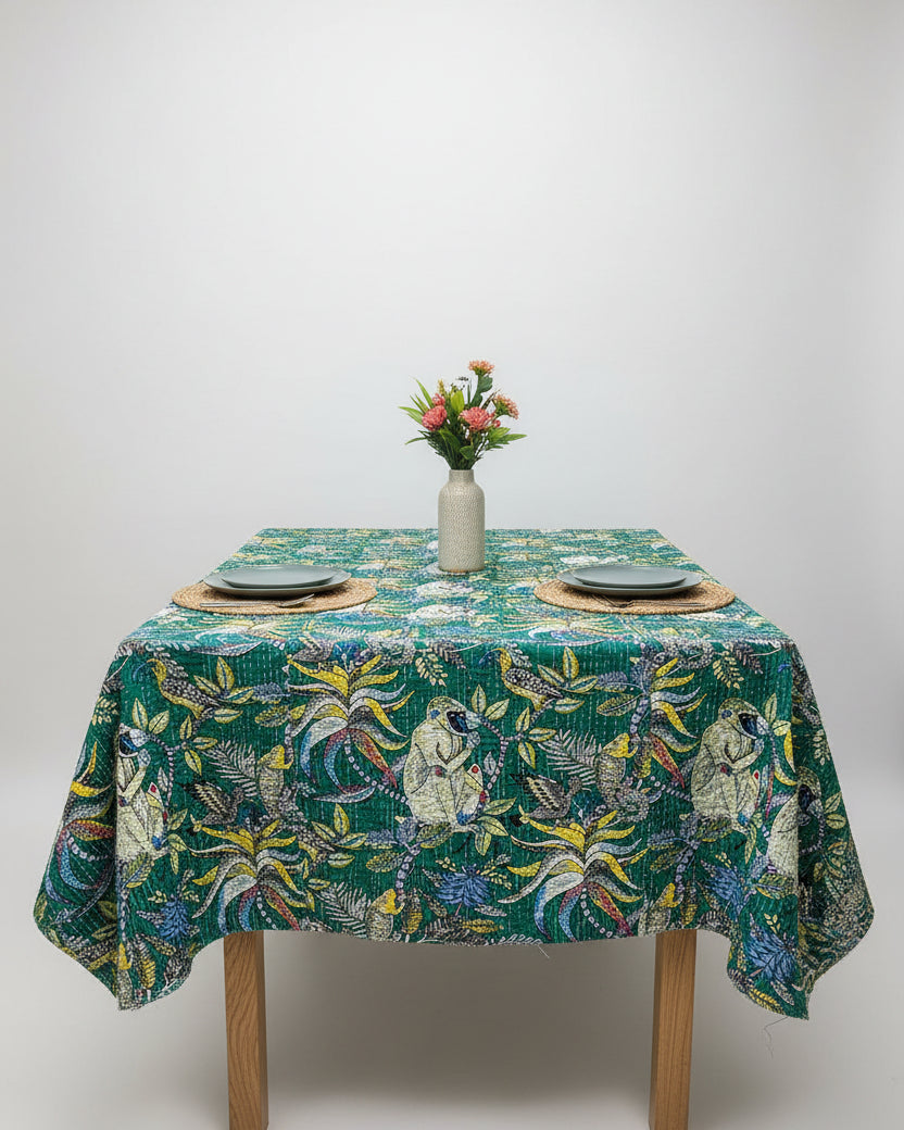Handcrafted printed pure cotton dining table cover featuring an intricate artisanal block-print design in a stylish setup.