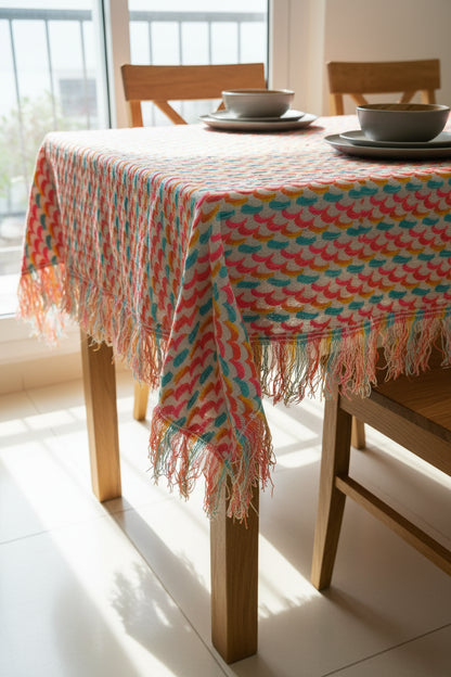 Multi-Color Textured Handloom Table Cover | Heavy Cotton with Self-Fringe | Artisanal Dining Decor