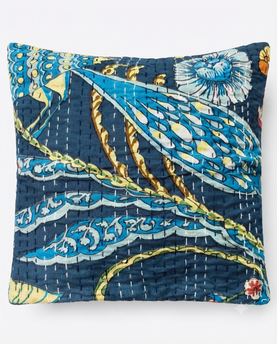 Handmade Kantha Stitched Cotton Cushion Cover | Indigo Floral Throw Pillow Case
