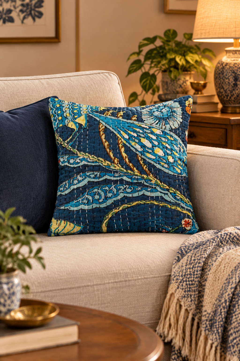 Handmade Kantha Stitched Cotton Cushion Cover | Indigo Floral Throw Pillow Case