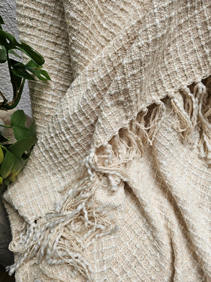 Textured beige blanket with tassels on a neutral background