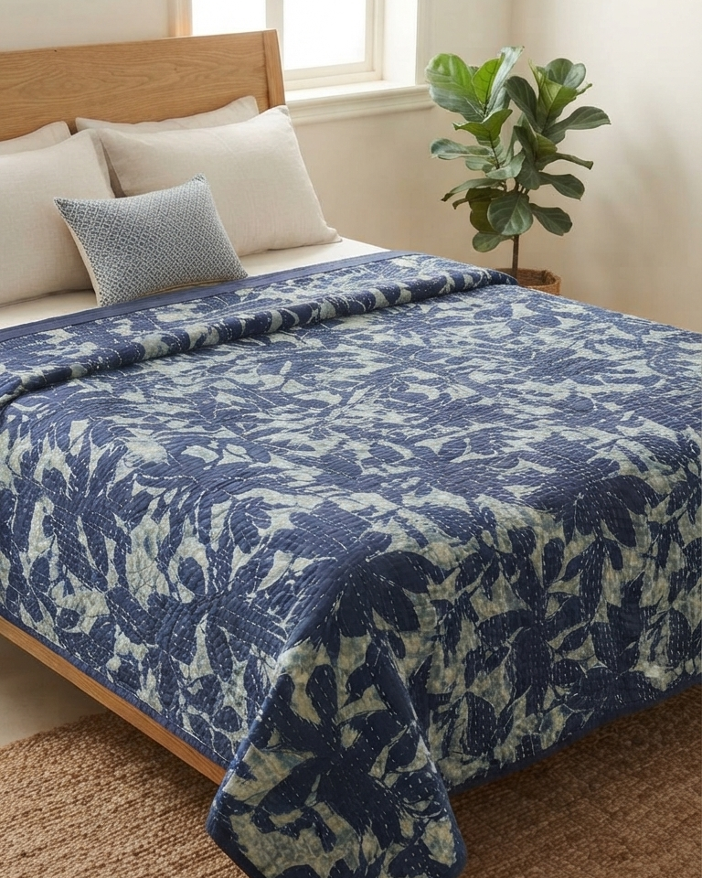 Indigo blue and off-white botanical block-print cotton single razai featuring traditional running Kantha hand-stitching (60x90 inches).