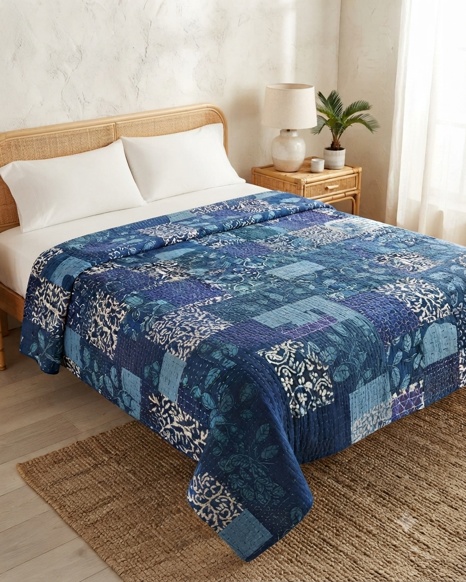 Indigo patchwork kantha cotton quilt featuring an intricate mix of deep blue block-printed geometric and botanical panels with traditional hand-stitching.