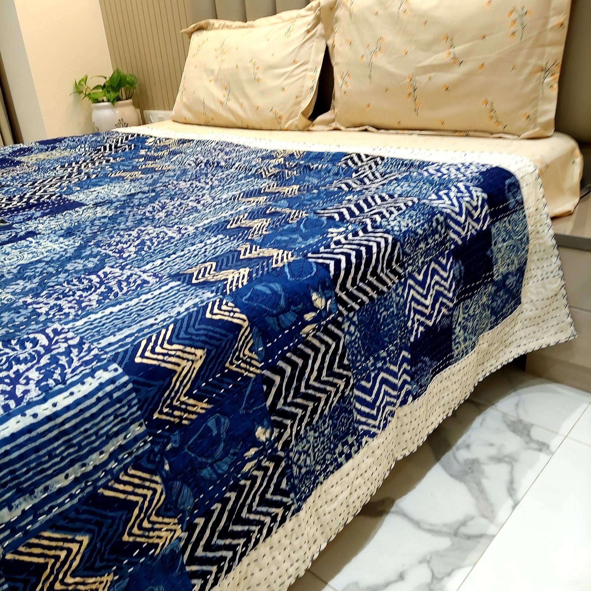 indigo patchwork kantha bedcover