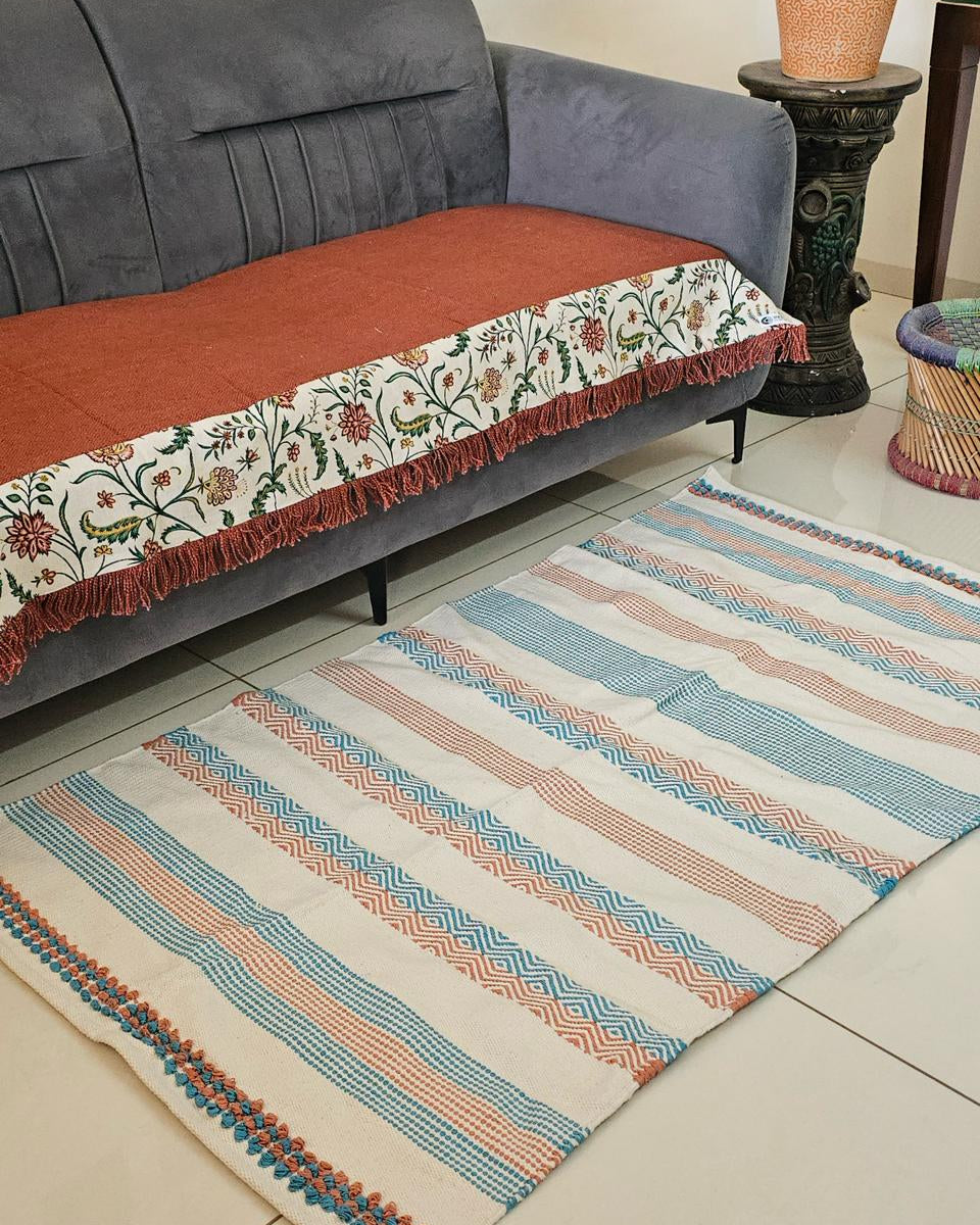 Handtufted Cotton Accent Rug | Off-White Floor Mat with Blue and Red Tufted Details