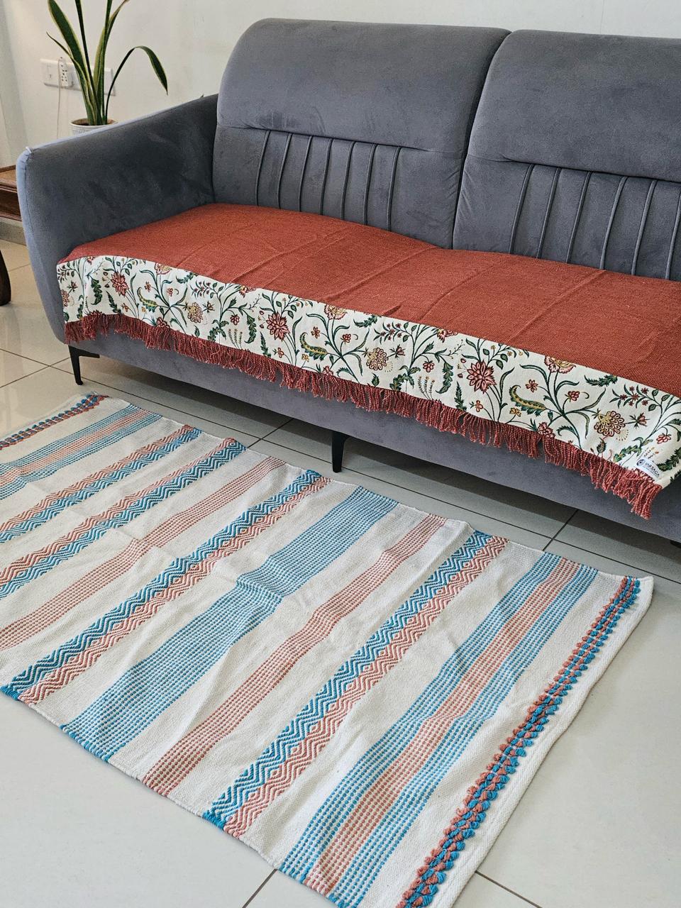 Handtufted Cotton Accent Rug | Off-White Floor Mat with Blue and Red Tufted Details