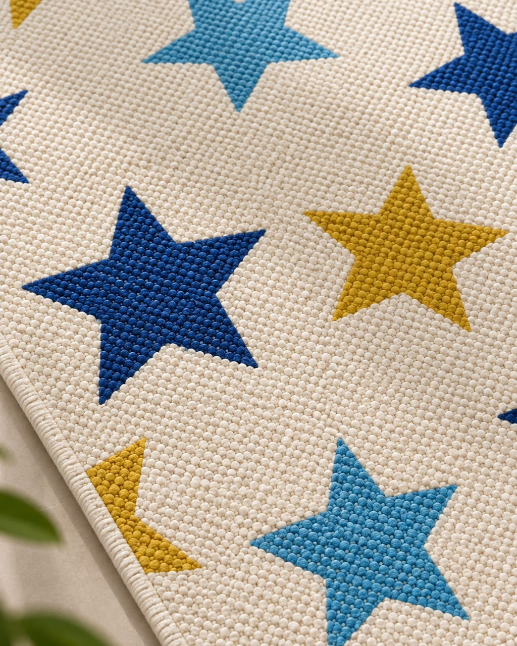 Close-up of an ivory cotton tufted kids rug featuring playful celestial stars in royal blue, sky blue, and mustard yellow.