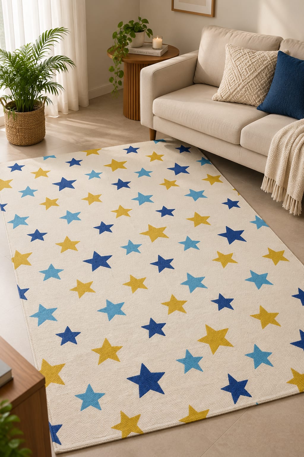 Close-up of an ivory cotton tufted kids rug featuring playful celestial stars in royal blue, sky blue, and mustard yellow.