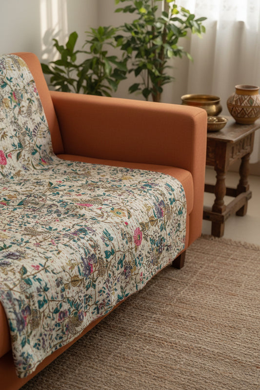 kantha beige floral sofa throw