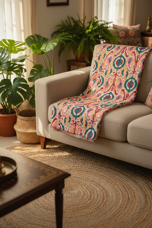 A folded peach color sofa throw with geometric kantha work design on a woven background, placed on a round rattan chair.